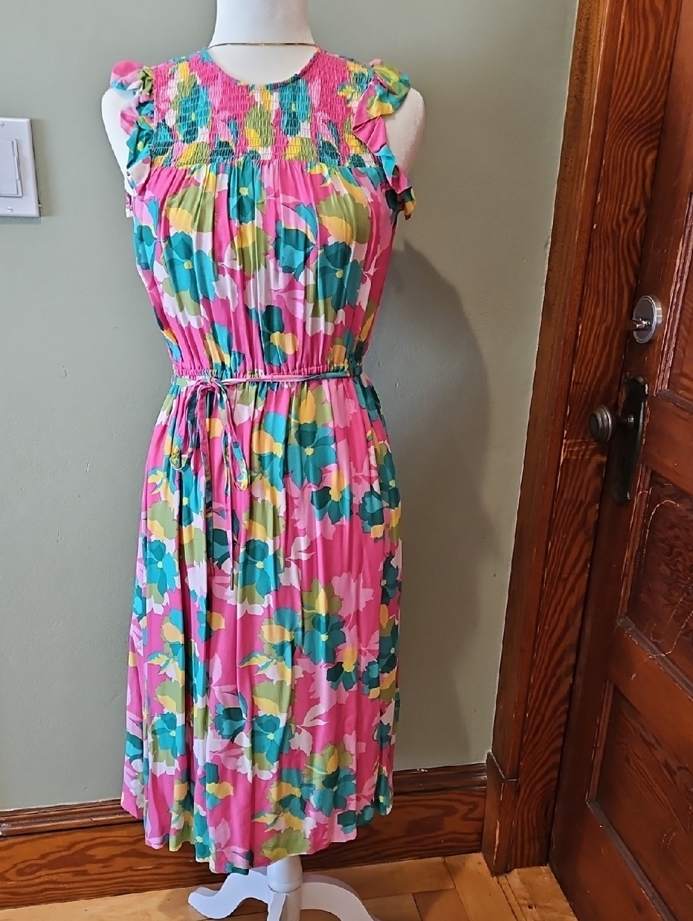 Draper James Pink Floral Smocked Midi Dress